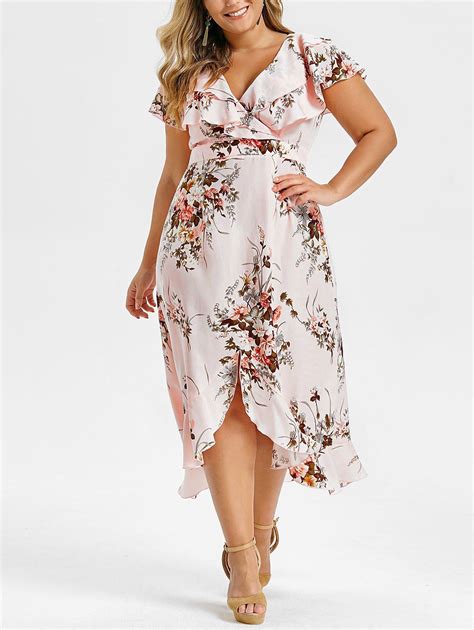 Off Plus Size V Neck Floral Print Ruffle Long Dress In Pink