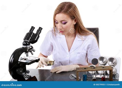 Beautiful Woman Scientist In The Lab Perform Various Operations Stock