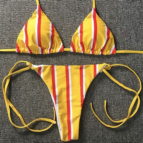 2019 sexy striped bikini set micro thong string retro swimsuit split swimwear women vintage