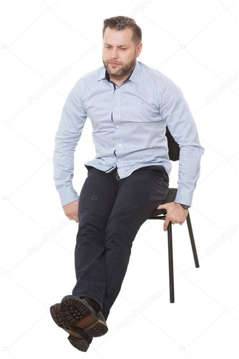 Man Sitting On Chair Isolated White Background Legs Crossed Holding