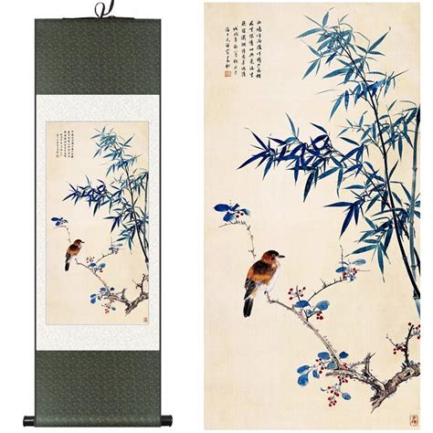 Chinese Silk Watercolor Flower Bird Bamboo Bird Red Fruit Ink Art