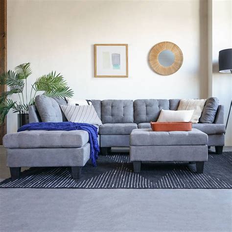 This couch, which comfortably seats three, has subtly flared arms and slight tufted detailing on its detachable back cushions. 2 Piece Modern Large Tufted Grey Microfiber Sectional Sofa ...