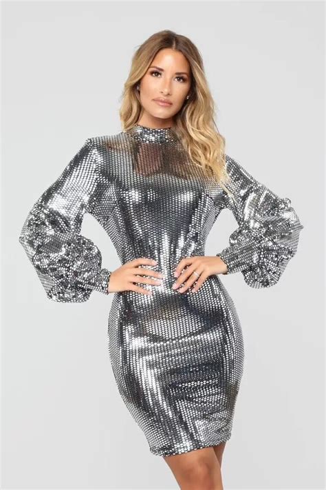 2018 Newest Silver Sequined Women O Neck Long Sleeve Dress Elegant