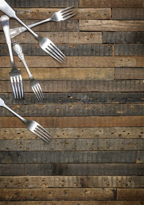 Vintage Forks Wooden Background Flat Lay Instagram Mockup Stock Image