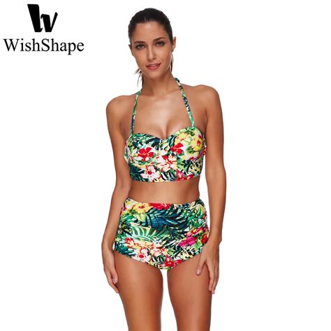 Buy 2018 Bikinis Halter Sexy Swimwear Floral Pirnt Swimsuit Women High Waist