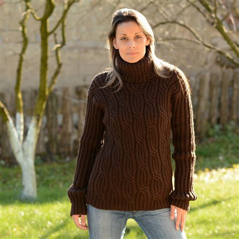 Dark Brown cable hand knit 100 % wool turtlrnrck handmade sweater