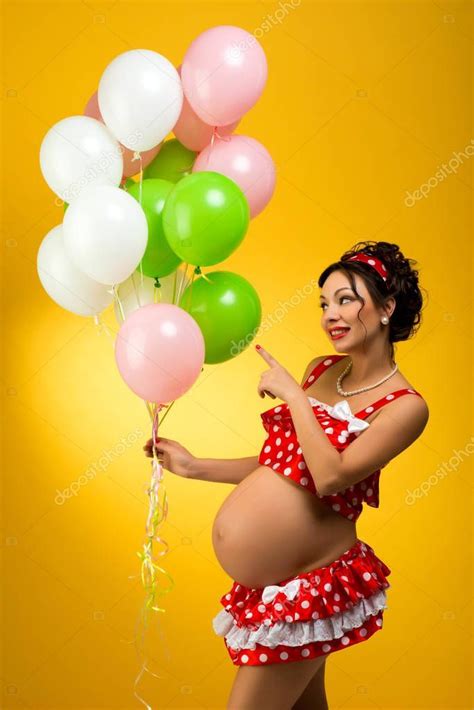 Pregnant Woman Balloons Yellow Background Looks His Tummy Anticipation Ad Balloons