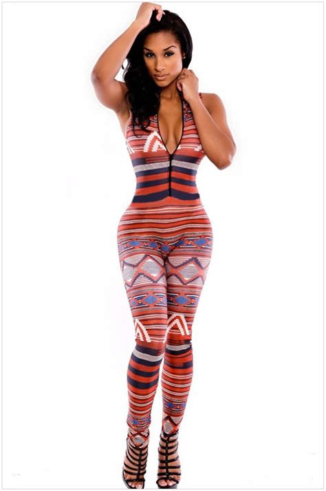 Exotic Women Tribal Printing Pattern Tight Jumpsuit Sleeveless Stand Collar Bodycon Bodysuit