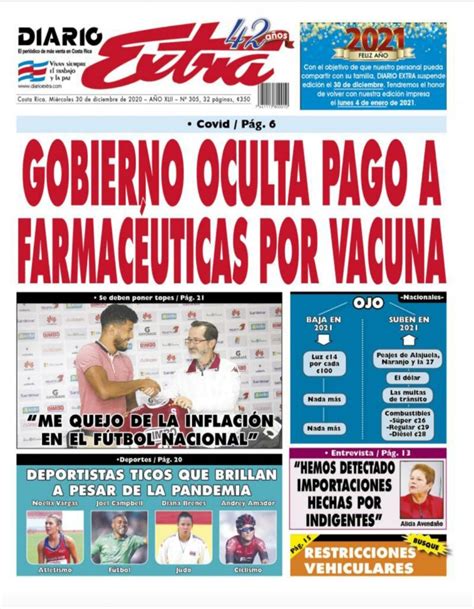 Portada Diario Extra MiÉrcoles 30 De Diciembre 2020 PeriÓdico