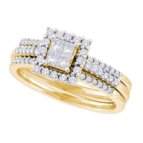 14kt Yellow Gold Princess Diamond Bridal Wedding Ring Band Set 12 Ctw