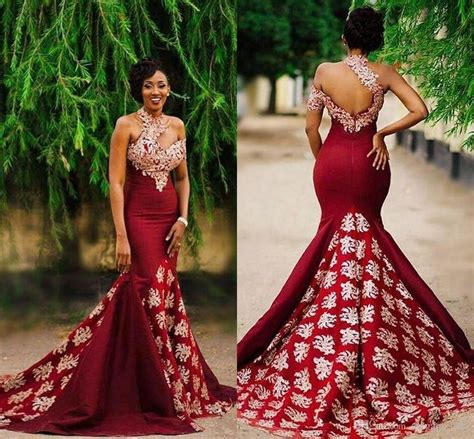 Aso Ebi Style Burgundy Mermaid Evening Formal Dresses Gold Lace Sweep
