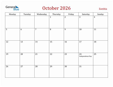 October 2026 Zambia Monthly Calendar With Holidays