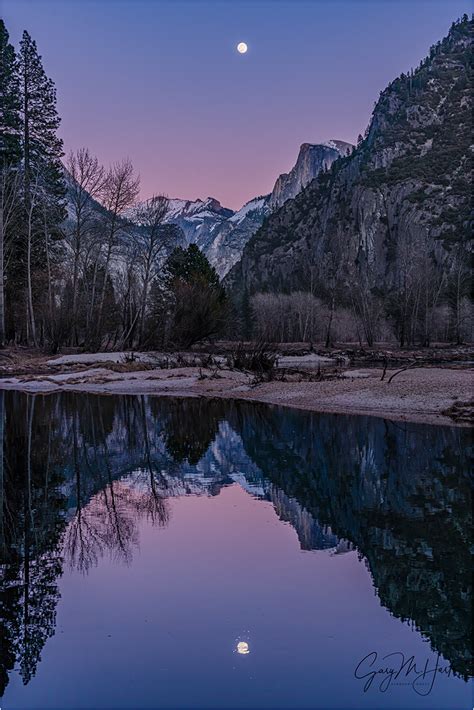 Magenta Moonrise Half Dome Reflection Yosemite Landscape And Rural