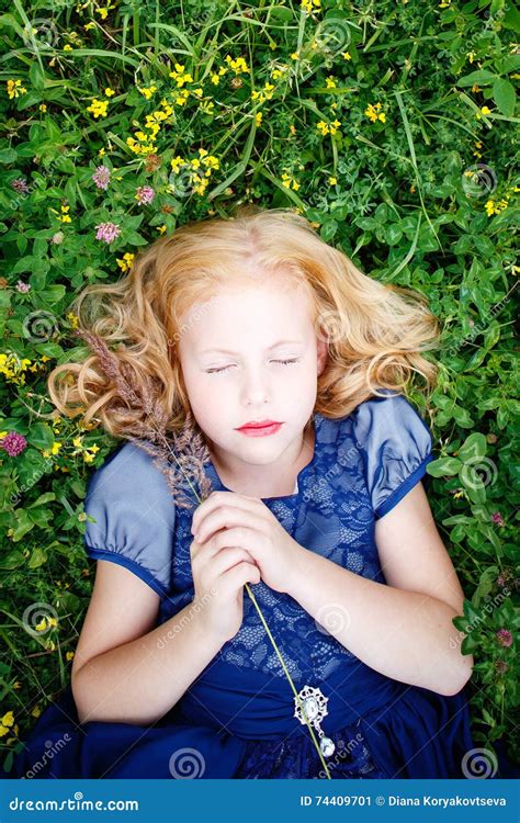 Portrait Of Beautiful Little Girl In The Blue Dress Stock Image Image