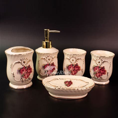 5-Piece Ceramic Bathroom Accessories Sets Carved Rose