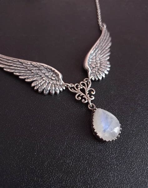 Moonstone Angel Wings Necklace Gothic Jewelry Silver Drop Etsy