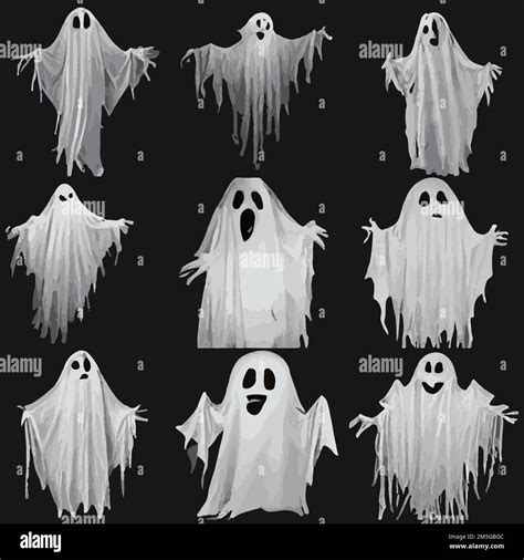 Set Of Spooky Ghosts Spirits Scary Halloween Characters Isolated On