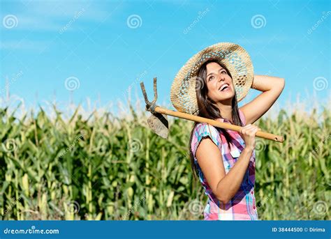 Happy Female Farmer In Corn Field Stock Photo Image Of Countryside