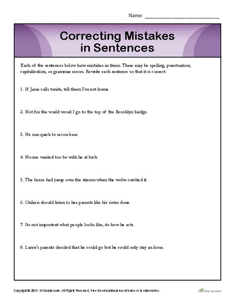 Worksheets, printable exercises pdf, handouts to print. Correcting Mistakes in Sentences | Proofing and Editing