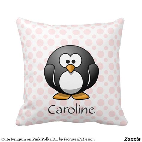 Cute Penguin On Pink Polka Dots Add Name Throw Pillow