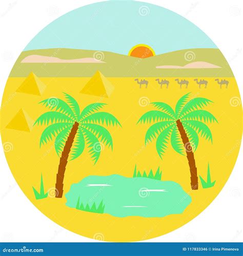 Vector Illustration Of An Oasis With Two Palms Oasis And Caravan Of