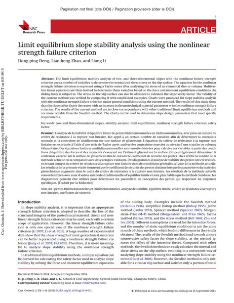 Pdf Limit Equilibrium Slope Stability Analysis Using The Nonlinear Strength Failure Criterion