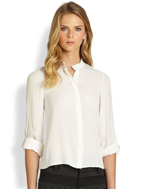 lyst alice olivia marietta mandarin collar blouse in white
