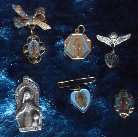 Lot Of 6 Vintage Blue Enamel Virgin Mother Mary Pins Pendants 99