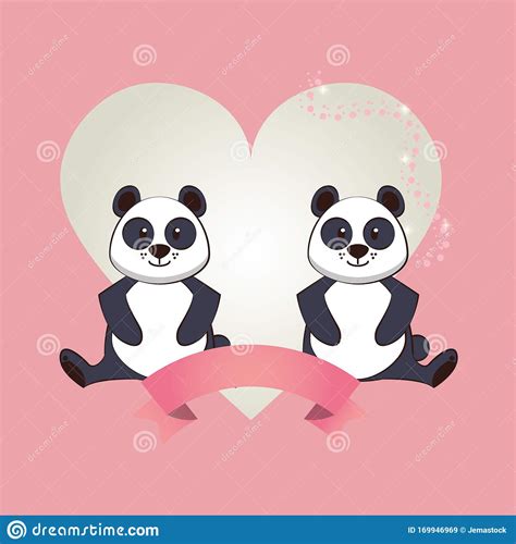 Happy Valentines Day Card With Cute Bears Pandas Couple Stock Vector