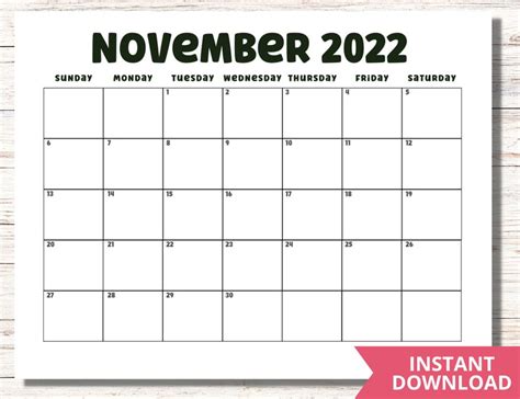 November 2022 Printable Calendar Page November Calendar 2022 Etsy