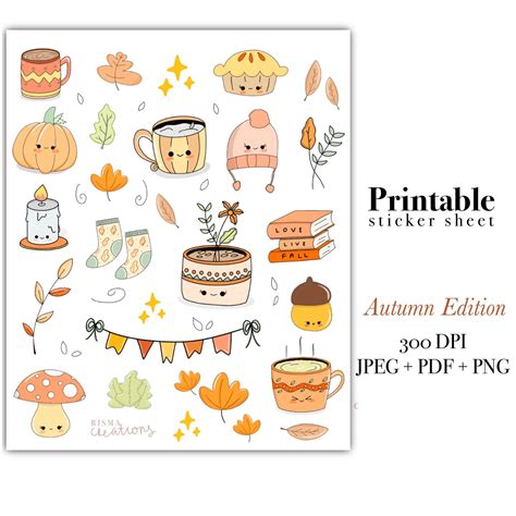 Autumn Digital Printable Digital Stickers Fall Cute Kawaii Etsy Uk