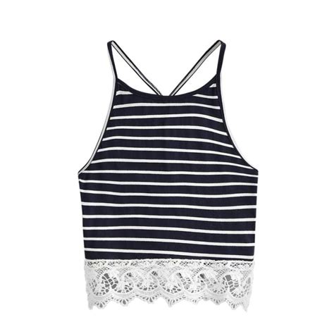 Feitong 2018 Sexy Women Stripe Crop Top Summer Sexy Short Halter Hallow Out Patchwork Lace Top