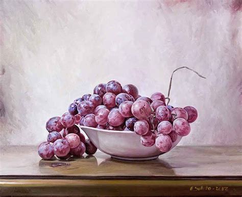 A Painting Of Grapes In A White Bowl