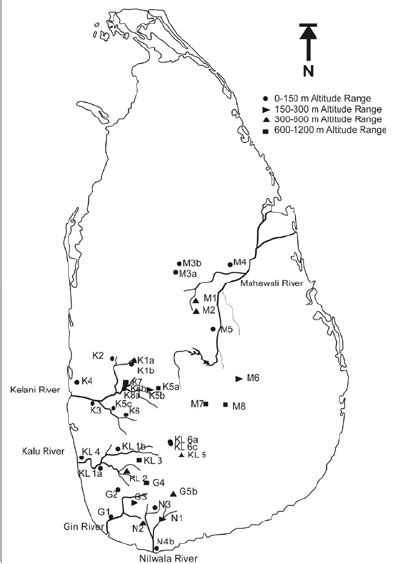 Map Of Sri Lanka Showing Sampling Sites Elevations And