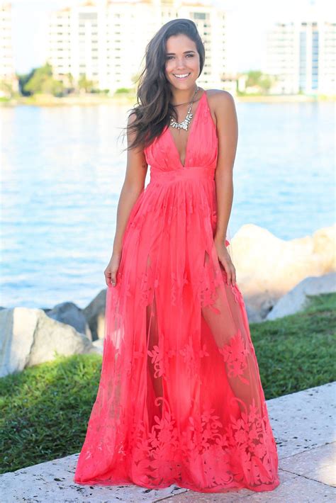 Coral Floral Tulle Maxi Dress With Criss Cross Back Maxi Dress Tulle