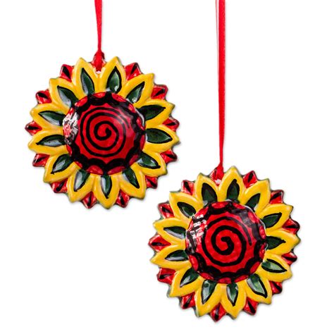 Artisan Crafted Ceramic Sunflower Ornaments Pair Holiday Sunflowers
