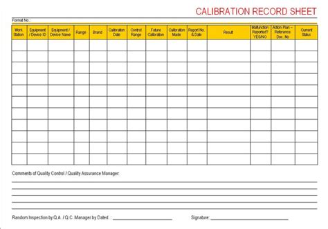 Calibration Record Sheet Report Template Templates Sheet