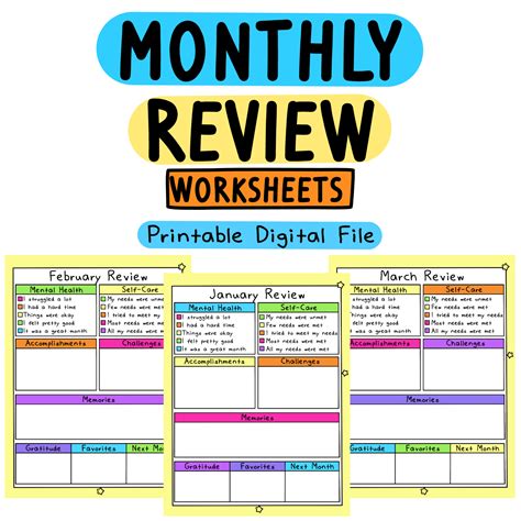 Monthly Review Worksheet Self Love Rainbow