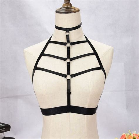 Jlxharness Goth Body Harness Cage Sexy Lingerie Black Elastic Adjust Tops Halter Bondage Bra