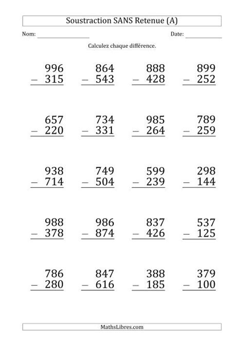 Leçons, exercices et evaluations corrigés sur le programme de numeration calcul. Soustraction d'un Nombre à 3 Chiffres par un Nombre à 3 ...