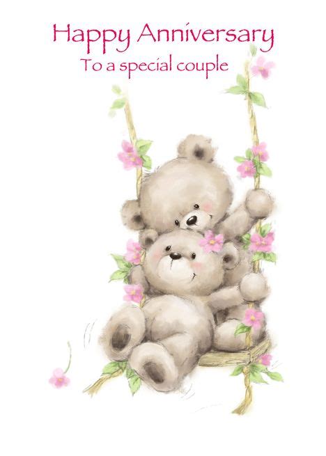 Cute Bear Couple On Swing With Flowers Around Happy Anniversary Card