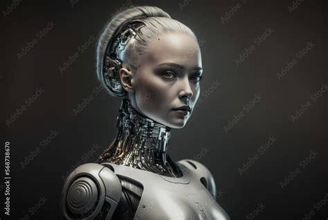ภาพประกอบสต็อก A Woman Half Robot Or A Humanoid Android With Artificial