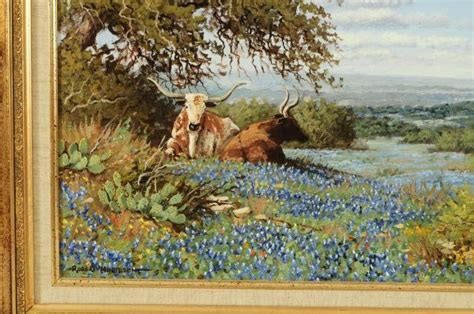 Robert Harrison Bluebonnets Longhorns Oil Painting