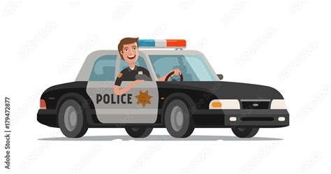 Happy Policeman Goes On Police Car With Flashing Lights Cartoon Vector