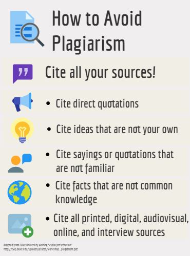 This technology scans your document, compares it to a huge database of publications and websites, and highlights passages that. How to Avoid Plagiarism - Cite your sources - by molly ...