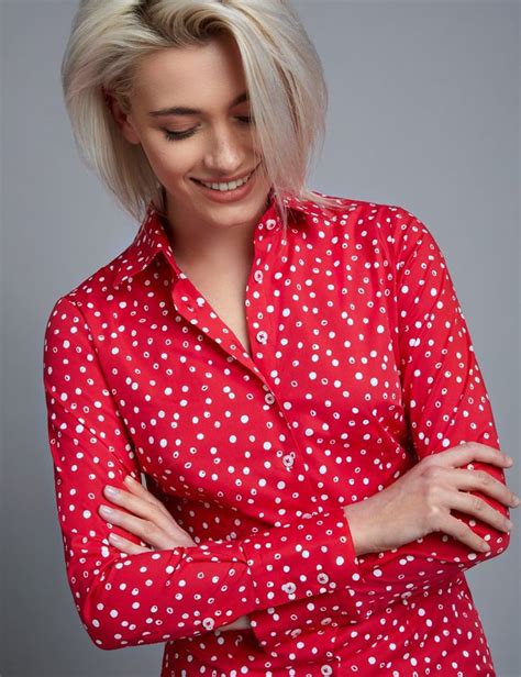 Womens Red And White Spot Fitted Shirt Single Cuff Women Shirts