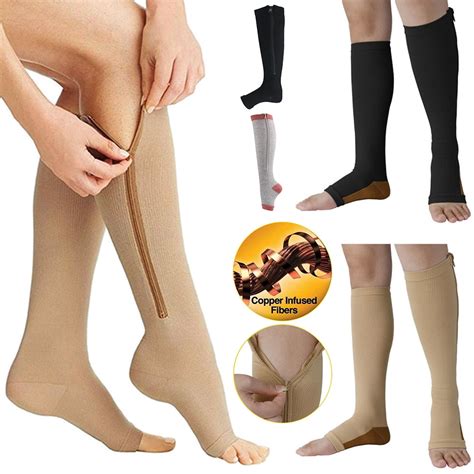 Zippered Compression Socks Medical Grade Firm Easy On 20 30 Mmhg Knee High Open Toe