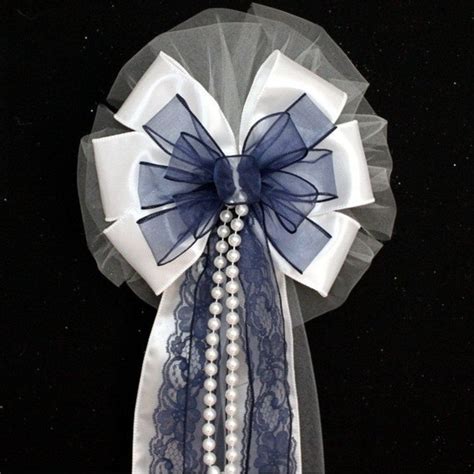 navy blue lace pearls wedding bows pew by packageperfectbows