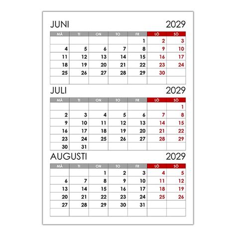 Kalender Juni Juli Augusti 2029 Kalender12su