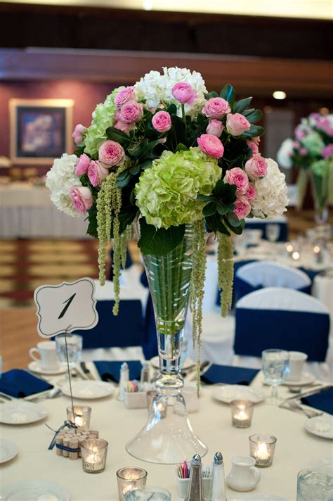 Tall Wedding Centerpieces Green Hydrangea Pink Garden Roses White